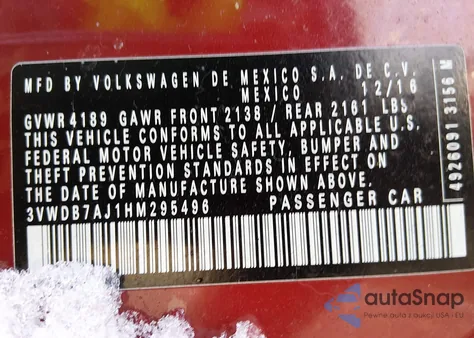 2017 Volkswagen Jetta 1.4T Se z USA, uszkodzony, nr VIN 3VWDB7AJ1HM295496